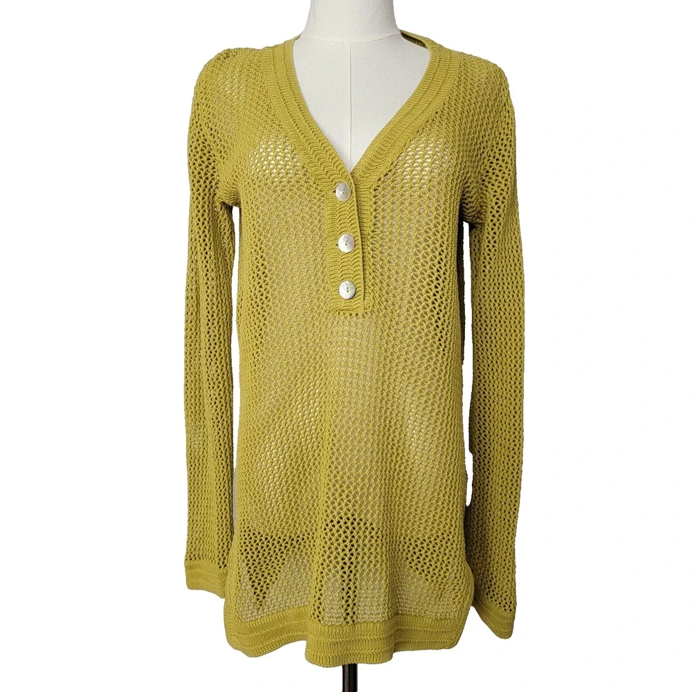 Chicos Green Sweater Open Weave Sz 2 (L 12) 100% Cotton Boho Cottagecore Casual